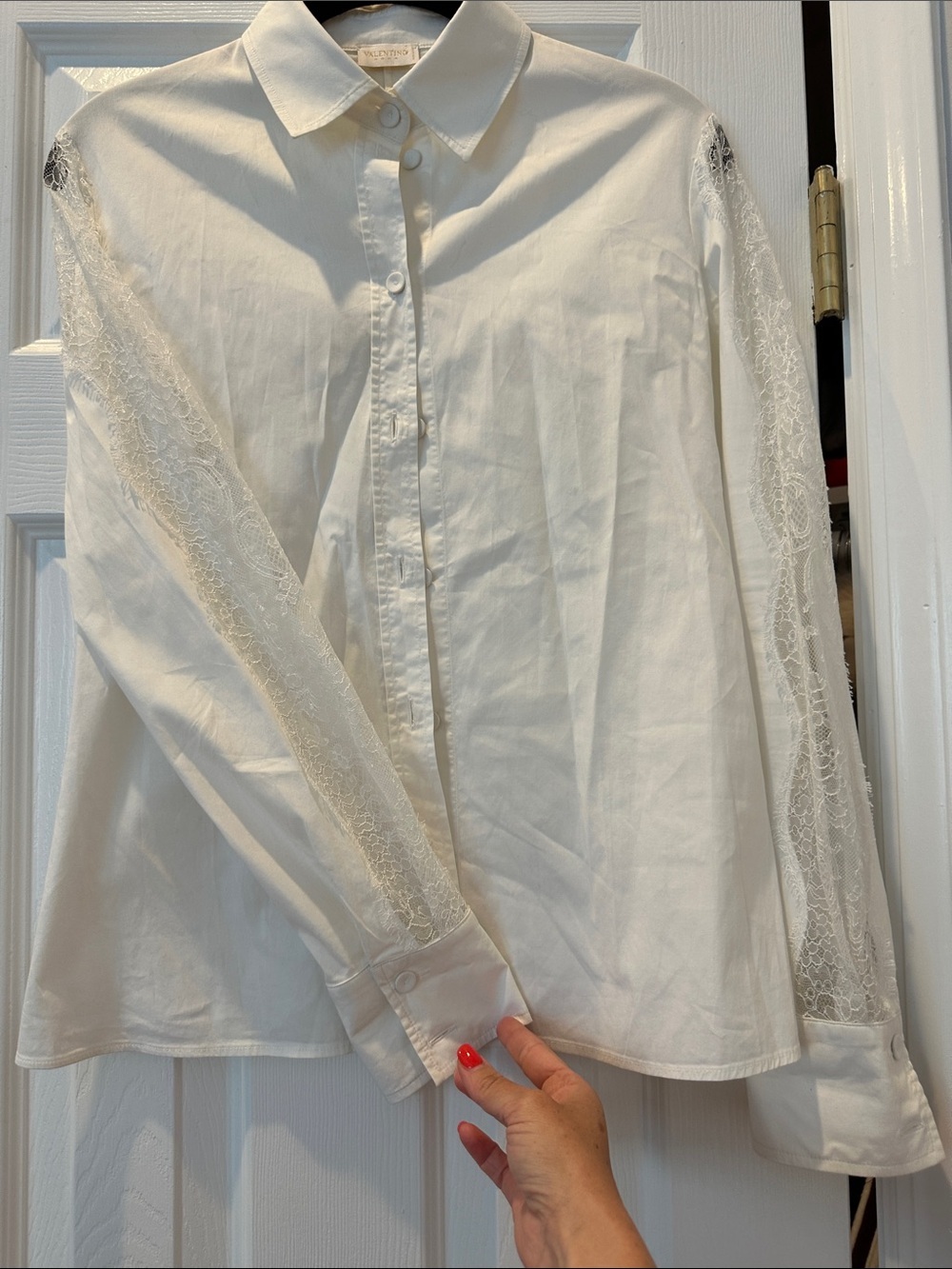 Vintage Valentino White Cotton Button Down Shirt with Lace Panel Detailing